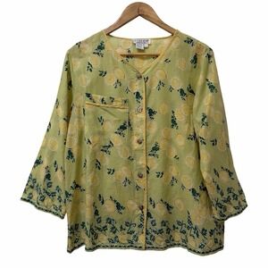 Citron Santa Monica Womens Lemon Print Button Up Blouse Top Size L Lightweight